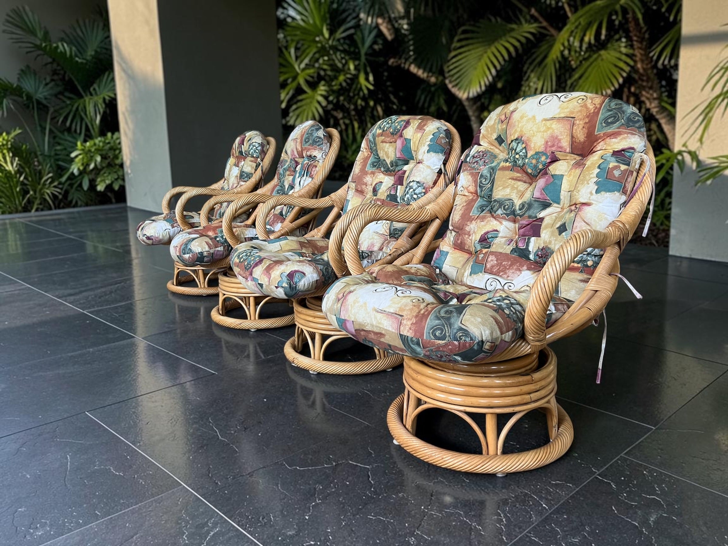 Vintage Bamboo Rattan Swivel & Rocker Set (4 Chairs + Glass Table)
