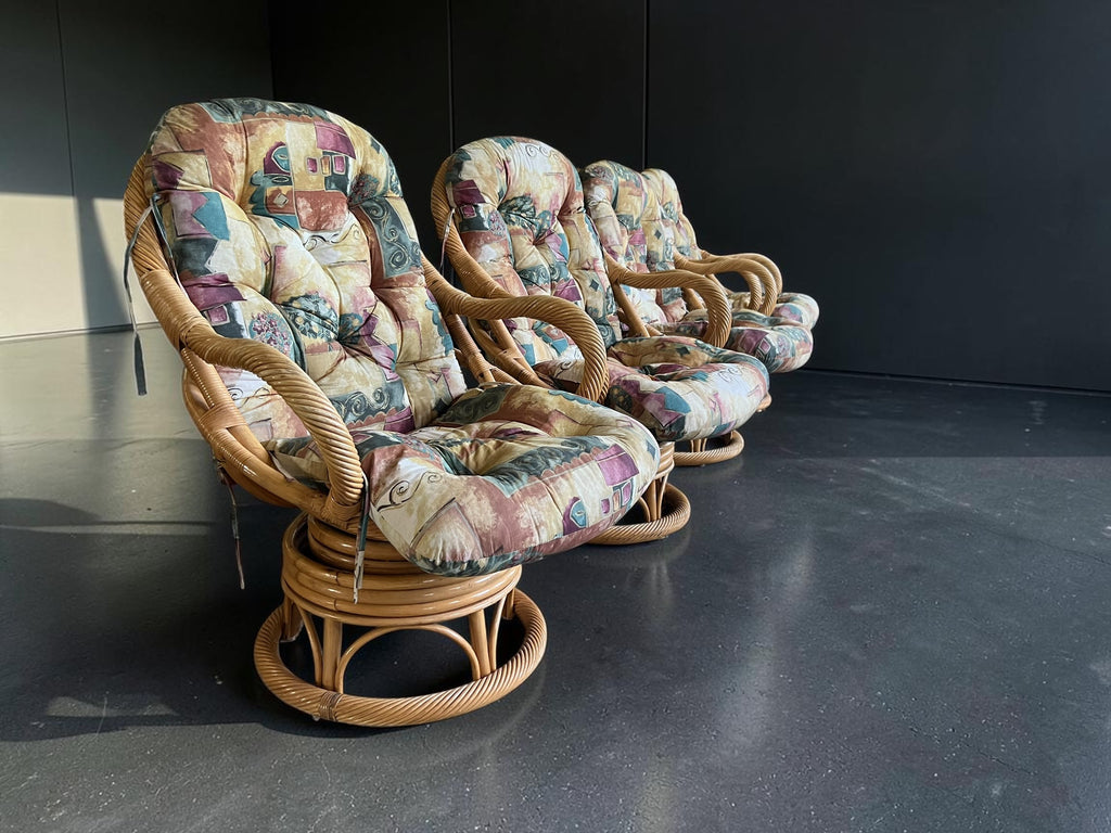 Vintage Bamboo Rattan Swivel & Rocker Set (4 Chairs + Glass Table)