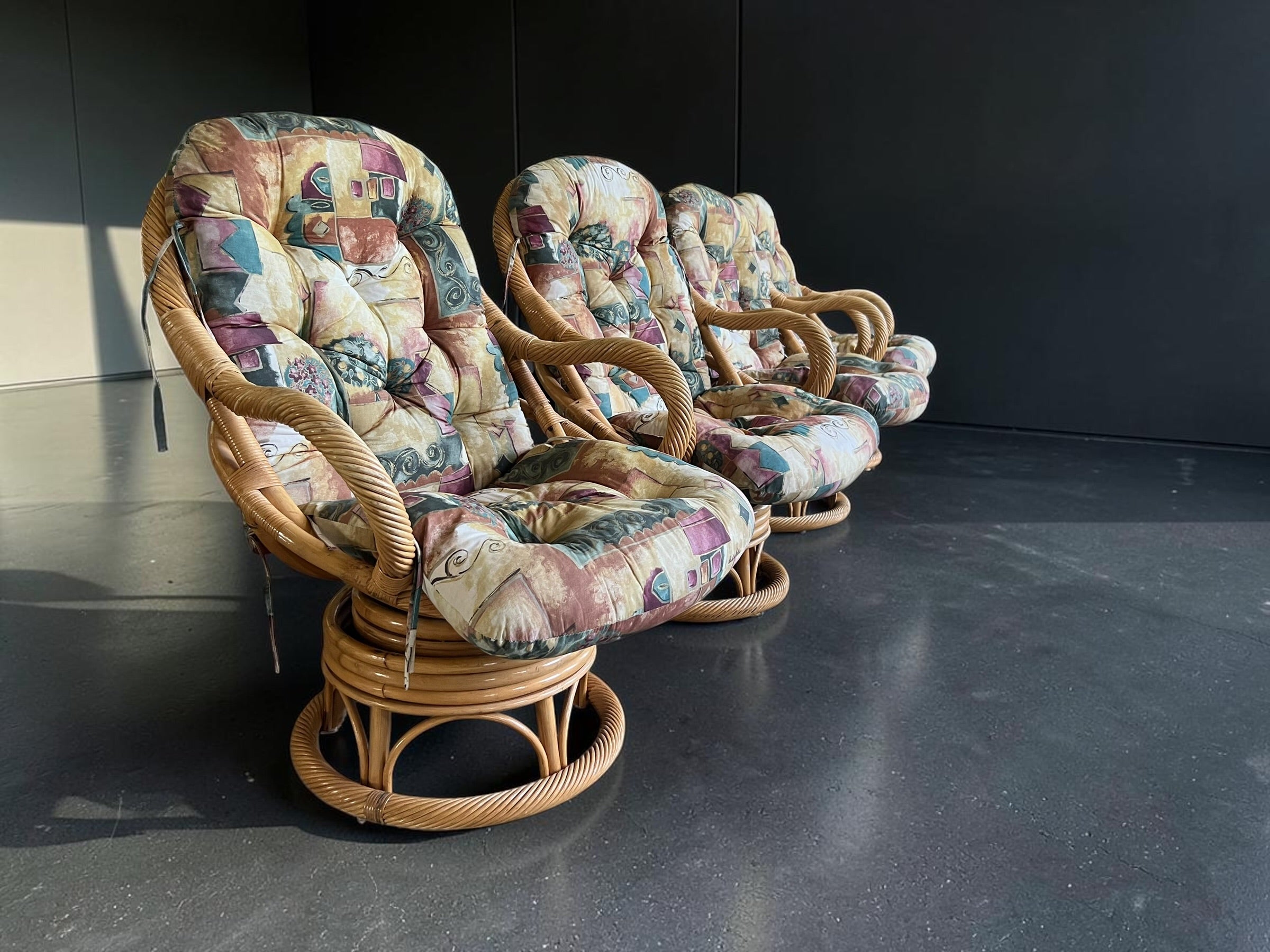 Vintage Bamboo Rattan Swivel & Rocker Set (4 Chairs + Glass Table)