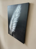 Painting featuring text and a giant feather