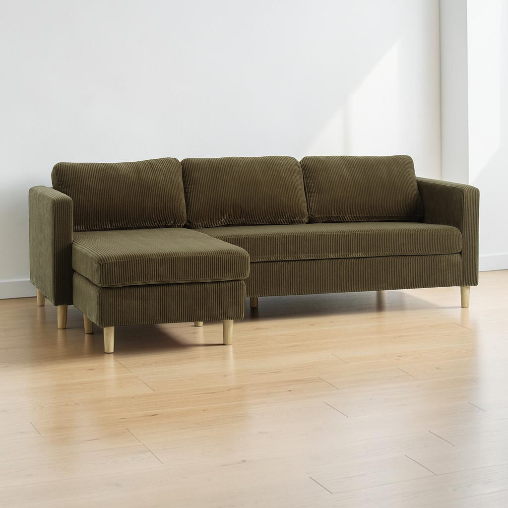 Comfortable Green Corduroy Corner Sofa (215 x 150 cm)