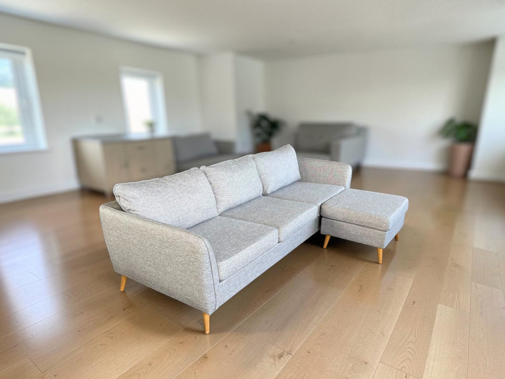 Scandinavian 3-Seat Sofa with Matching Ottoman – Light Grey