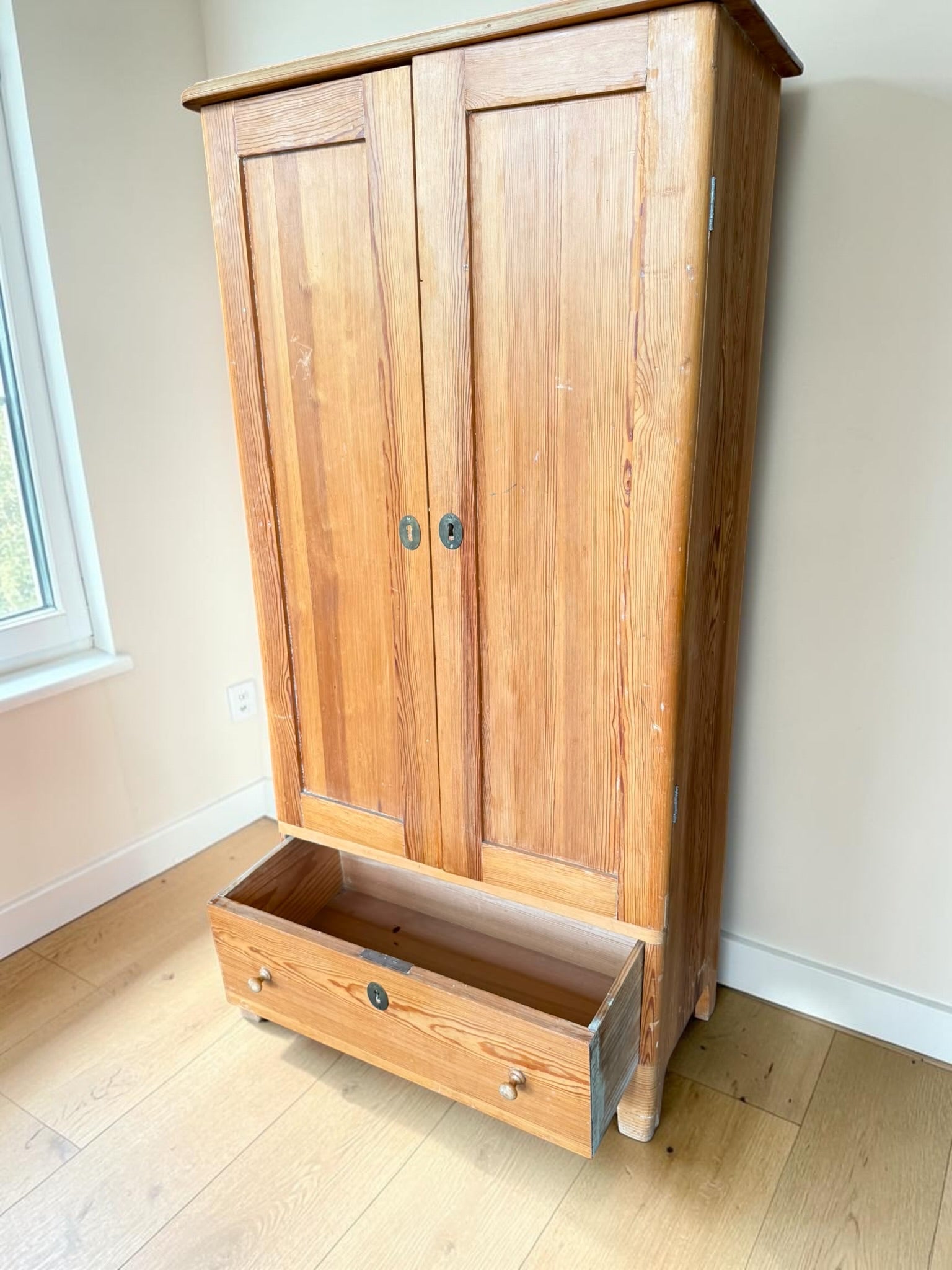 Vintage European-Style Pine Storage Cabinet