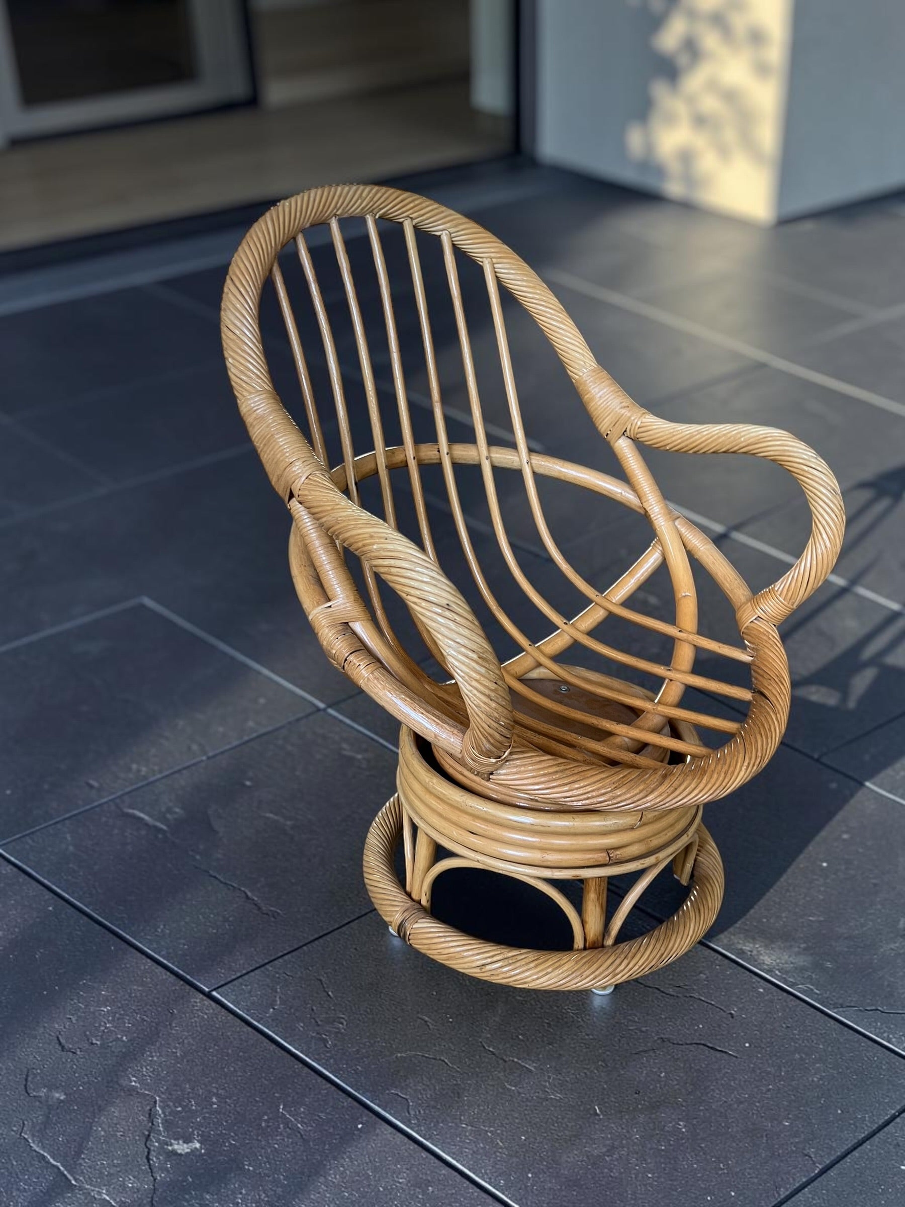 Vintage Bamboo Rattan Swivel & Rocker Set (4 Chairs + Glass Table)