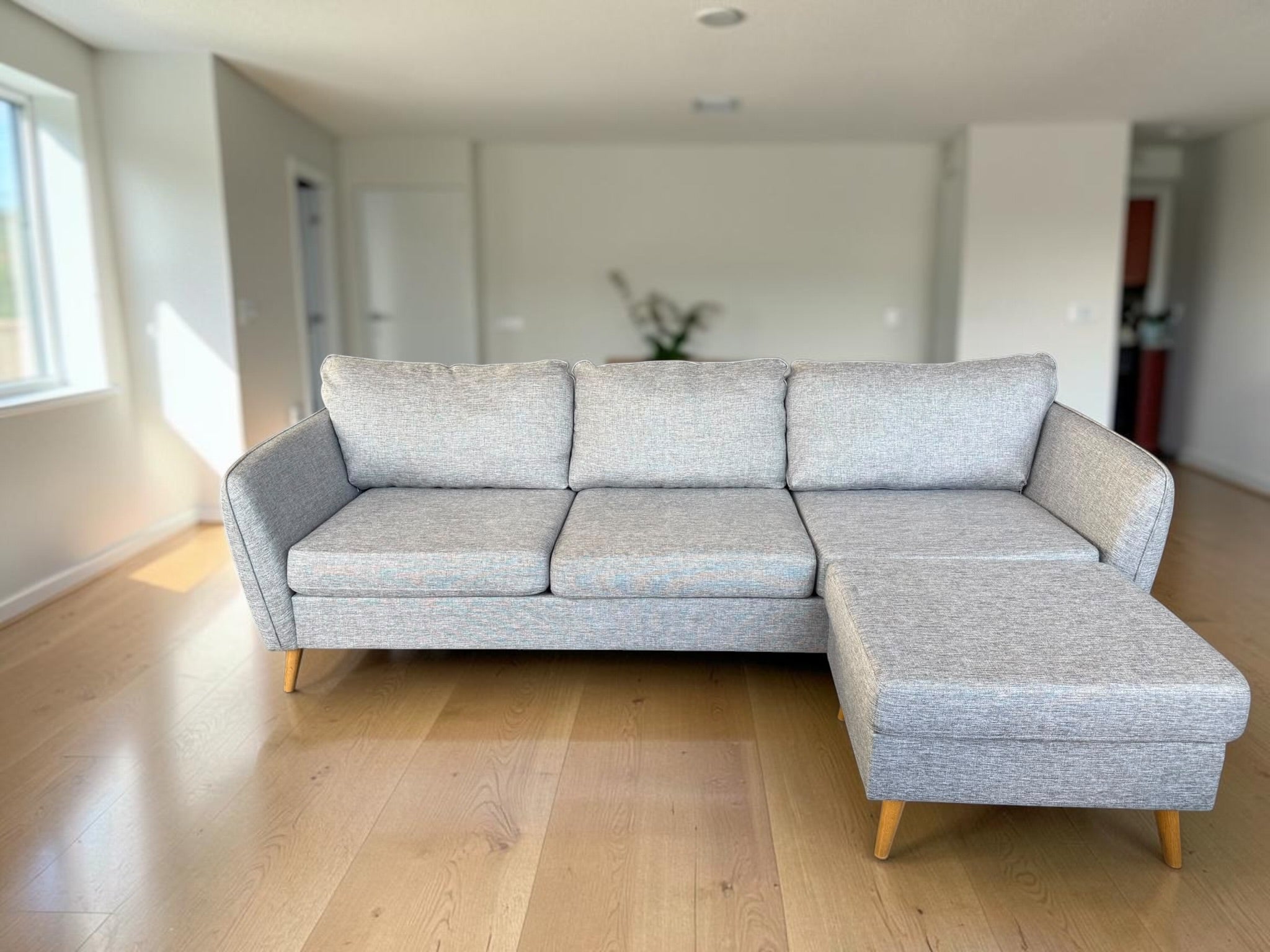 Scandinavian 3-Seat Sofa with Matching Ottoman – Light Grey