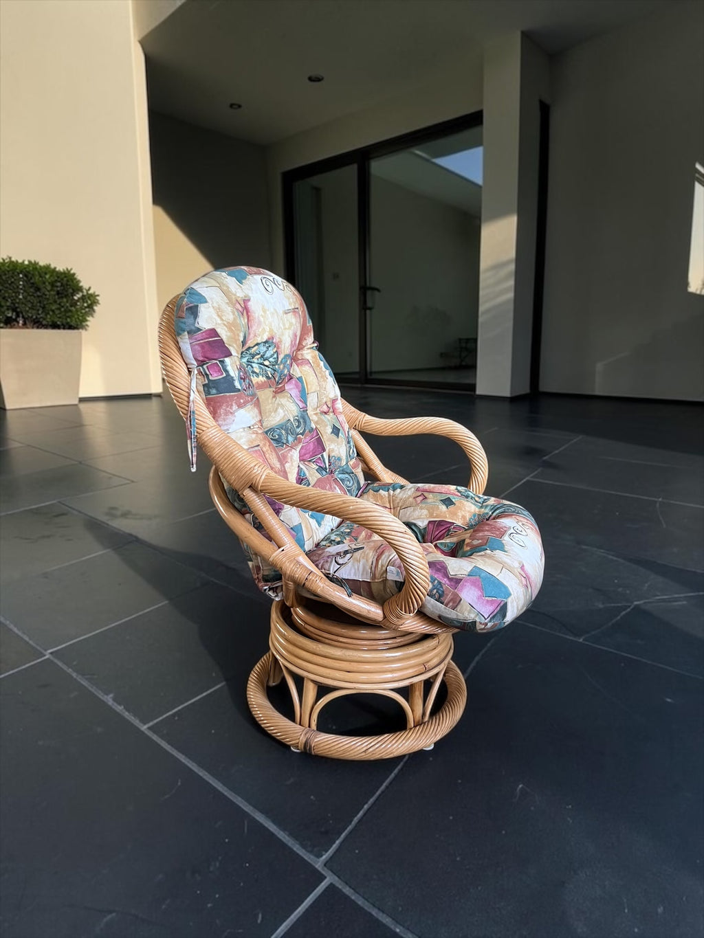 Vintage Bamboo Rattan Swivel & Rocker Set (4 Chairs + Glass Table)