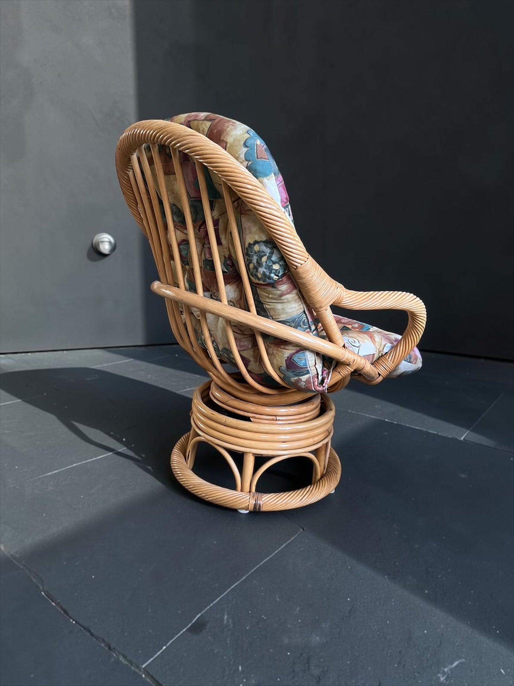 Vintage Bamboo Rattan Swivel & Rocker Set (4 Chairs + Glass Table)