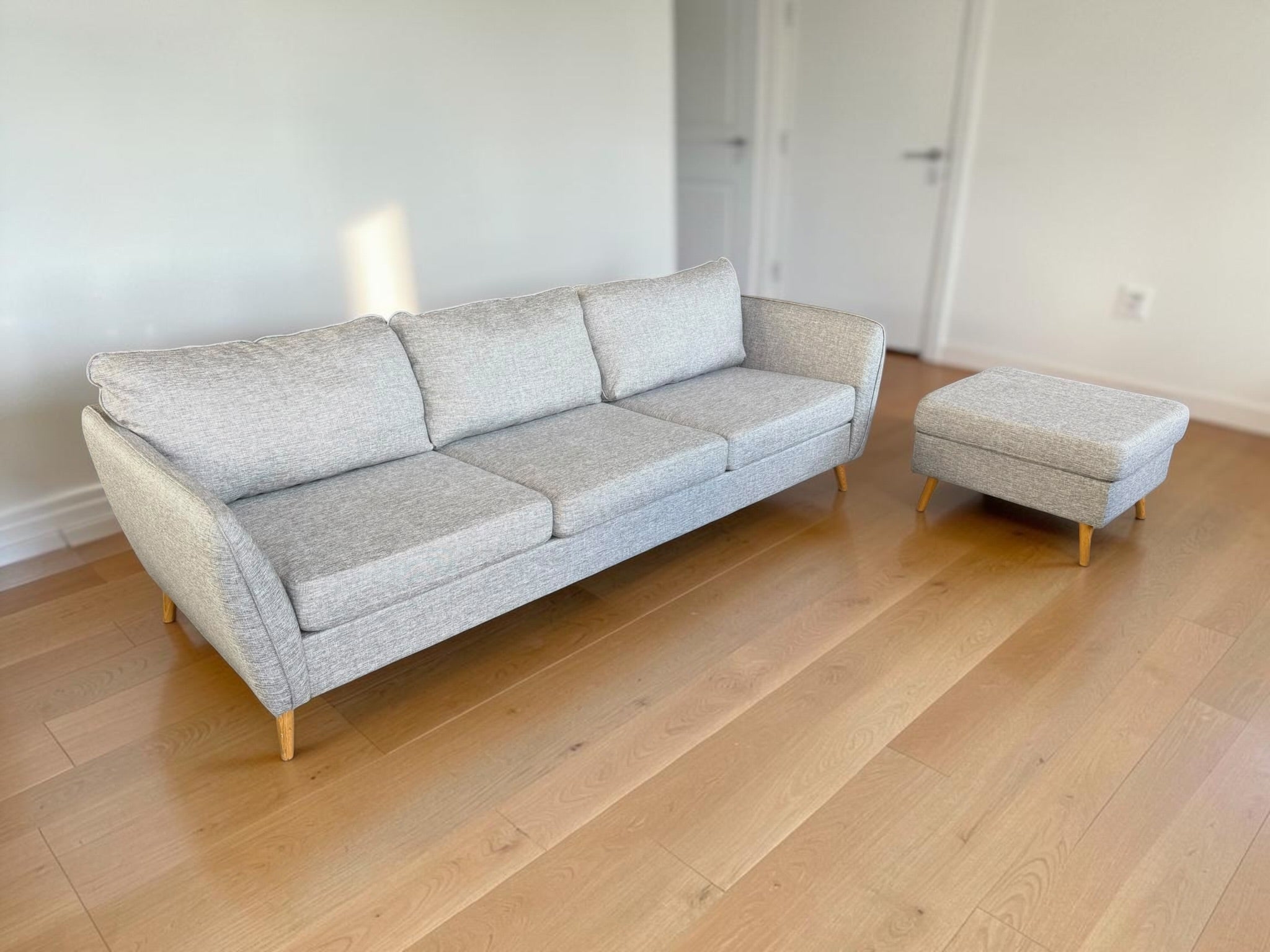 Scandinavian 3-Seat Sofa with Matching Ottoman – Light Grey