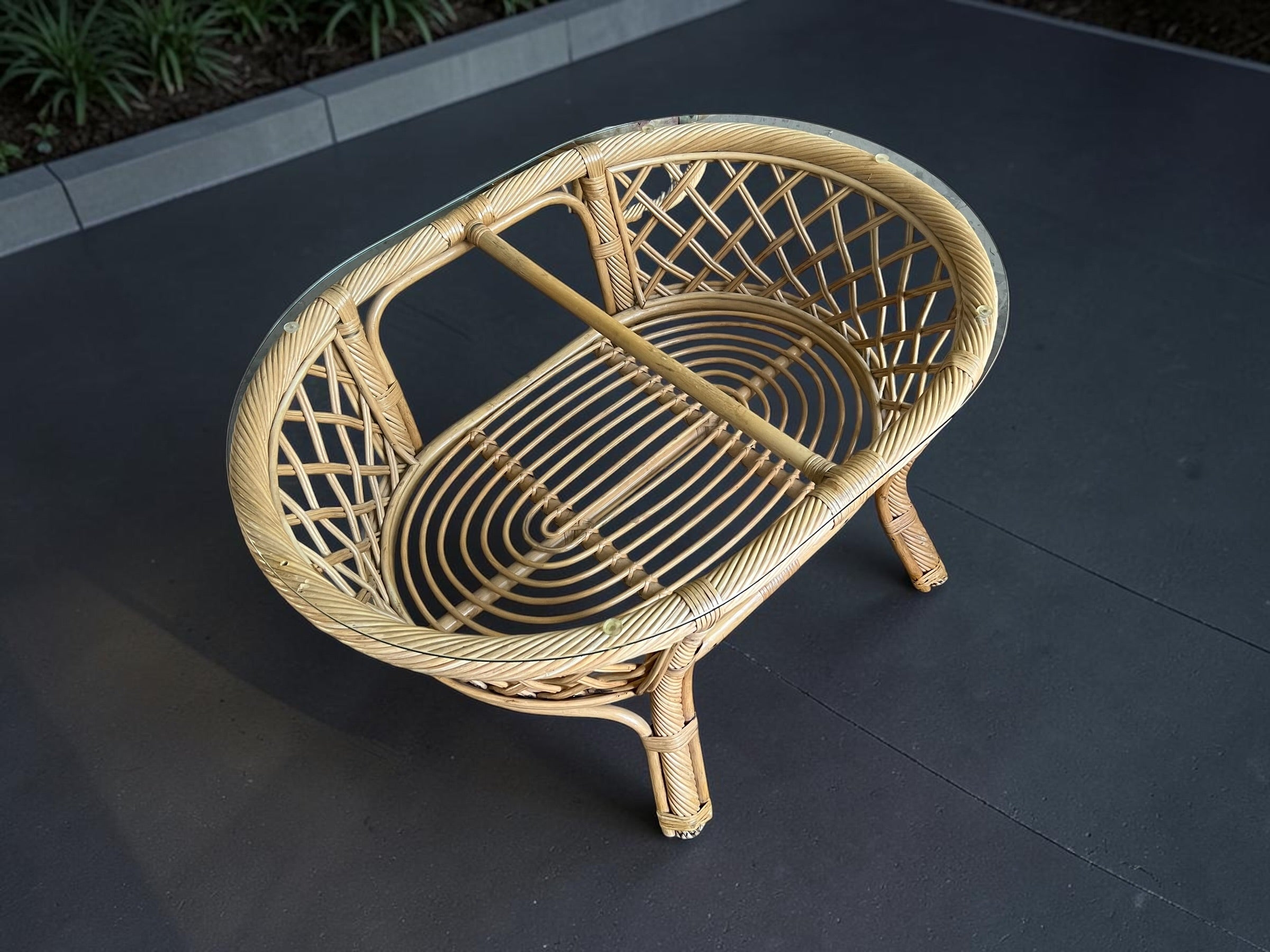 Vintage Bamboo Rattan Swivel & Rocker Set (4 Chairs + Glass Table)