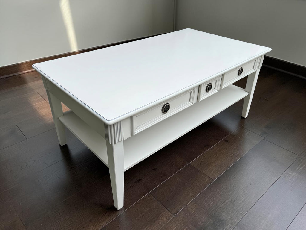 Elegant White Coffee Table with 3 Drawers & Lower Shelf