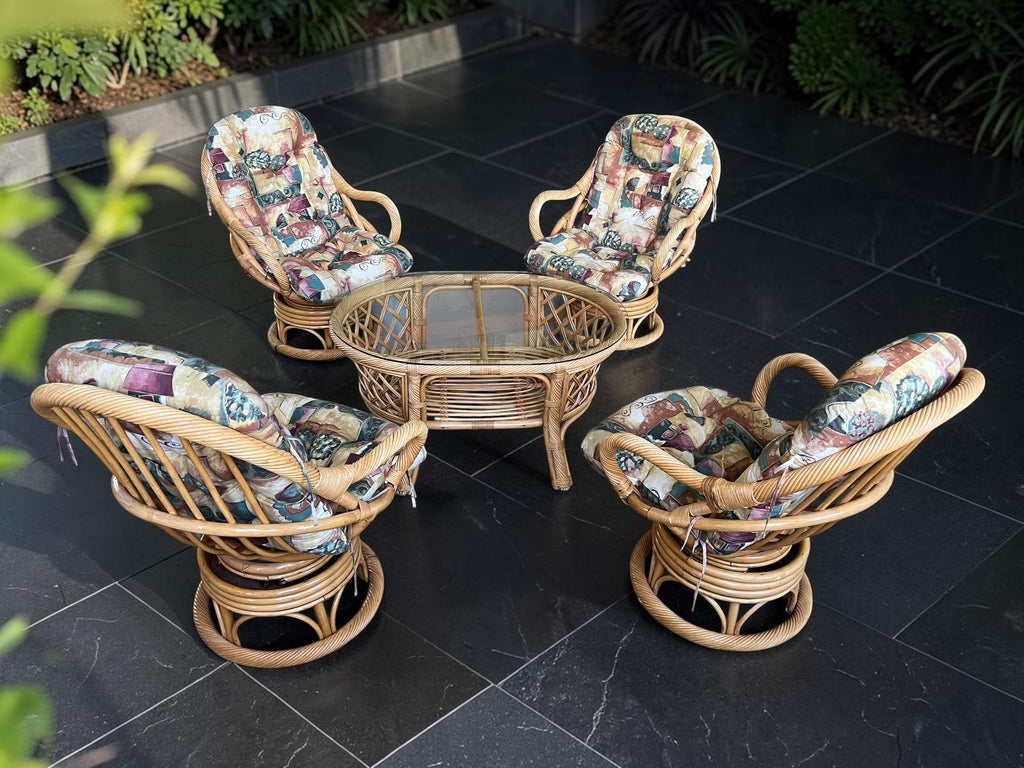 Vintage Bamboo Rattan Swivel & Rocker Set (4 Chairs + Glass Table)