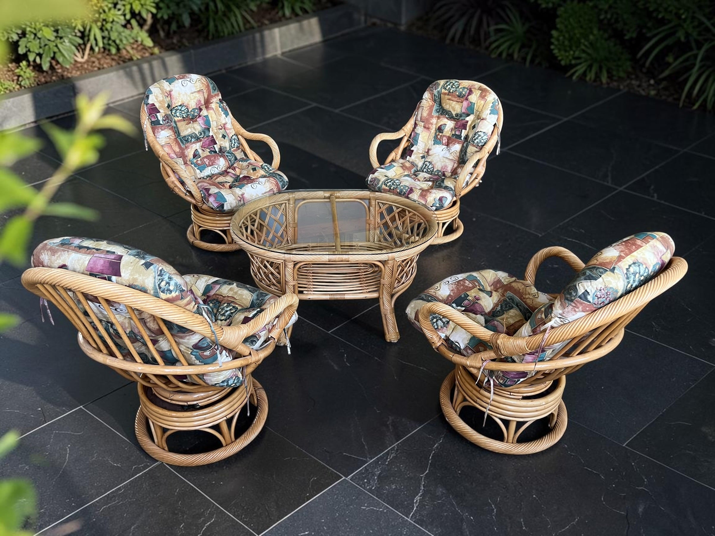 Vintage Bamboo Rattan Swivel & Rocker Set (4 Chairs + Glass Table)
