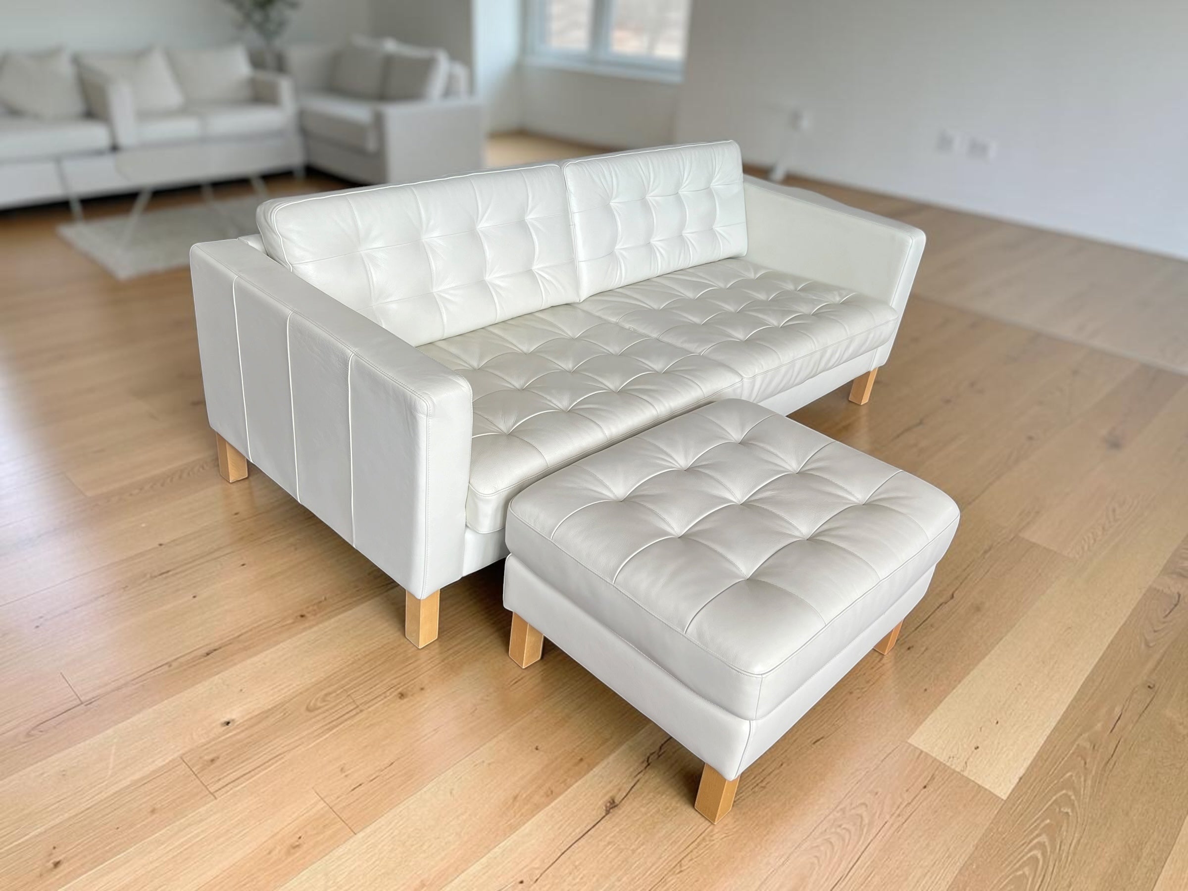 Elegant White Genuine Leather Sofa with Footstool (205 cm)