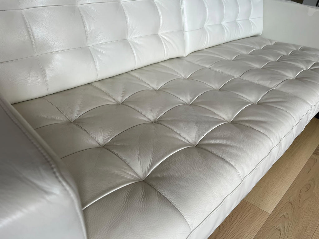 Elegant White Genuine Leather Sofa with Footstool (205 cm)