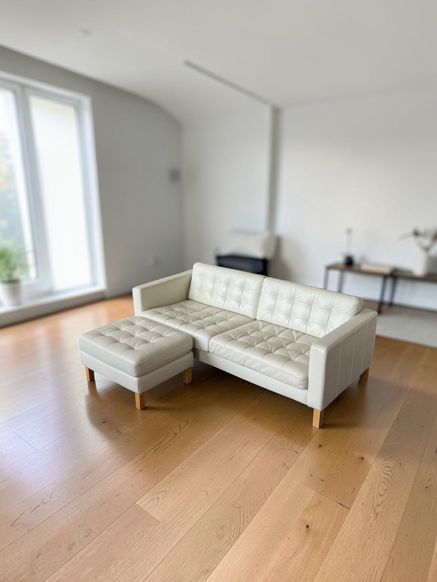 Elegant White Genuine Leather Sofa with Footstool (205 cm)